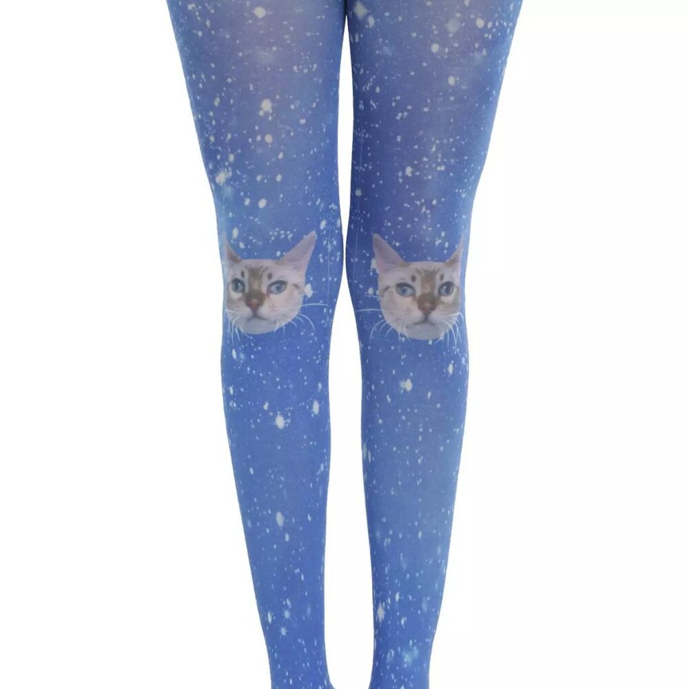 Hot Topic Space Cat Faux Thigh High Tights Lightweight Sheer Blue Size S/M